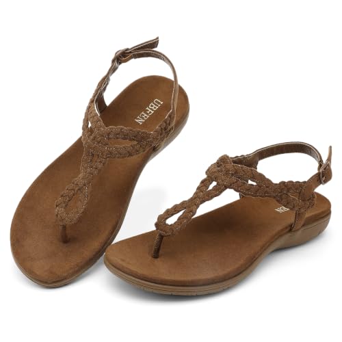 Image of UBFEN Womens Flat Sandals T-Strap Thong Sandals with Arch Support | Braided Upper, Lightweight, Comfortable for Walking, Flip Flop with Back Elastic Strap