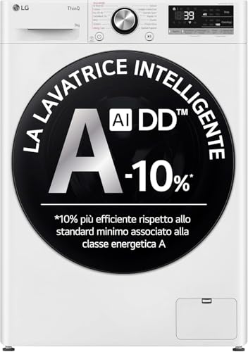 LG AI DD F4R7009TSWB Lavatrice 9 kg Classe A -10%, 1400 Giri, Carica Frontale con Oblò in Vetro Temperato, Funzione TurboWash 360, Vapore su 7 Programmi, Wi-Fi, Libera installazione, Serie R7, Bianca
