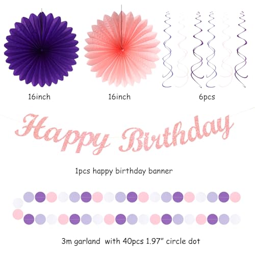 Image of Purple Lilac-Lavender Pink Women Birthday Party-Decorations - 21pcs Happy Banner,Paper Lanterns Honeycomb,Tissue Pom Poms Flower Fan,Classroom Hanging Streamers Garland,Girls Decor Supplies Huglony