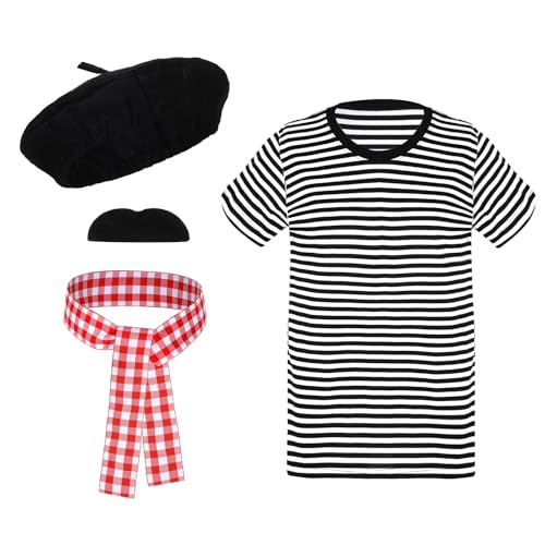 La mejor selección de Mimos al mejor precio. 5 Baotongle - Juego de disfraz de artista de Mime francés para boina, anteojos de sol, bufanda, tirantes para fiesta temática de Halloween, negro y blanco, Large