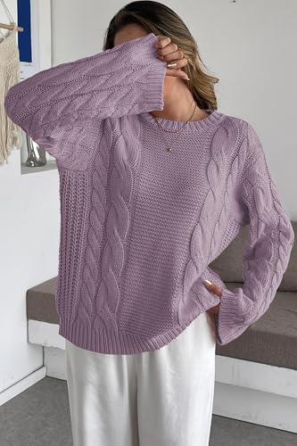 Image of Cakulo Womens Oversized Pullover Sweaters Bell Sleeve Chunky Cable Knit Sweater Crewneck Trendy Knitted Tops 2025