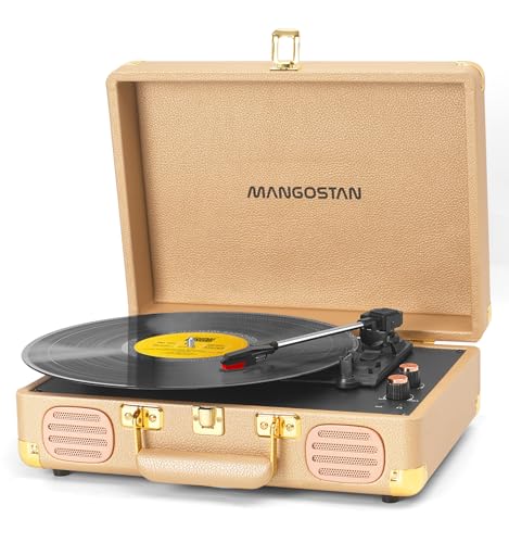 Image of Record Player 3 Speed Bluetooth Portable Suitcase, Vinyl Phonograph with Built-in Bass & Speakers, Belt-Driven LP Player Support AUX-in RCA Line Out Headphone Jack, Champagne Gold