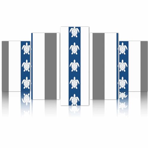 Shine-Home 5 Piece Wall Art, Grey Blue Sea Turtle Canvas for Painting - Modern Wall Decor Poster, Coastal Stripe Summer Ocean Nautical Artwork Pictures Wooden Framed for Living Room Bedroom Medium