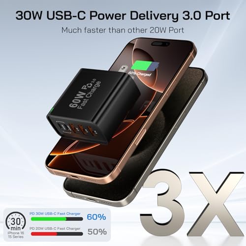 Image of 2Pack USB C Fast Charger Block, Total 60W 5-Port USB C Wall Charger 30W