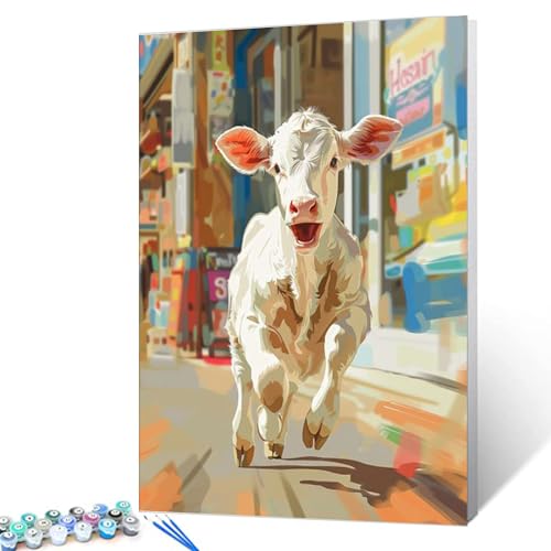 Cute Cow Calf Oil Painting Paint by Number Kits Canvas White Cattle Running DIY Oil Painting for Students Adults Beginner Creative Funny Style Animal Hallway Home Wall Decor Gift 16x20In (Frameless)