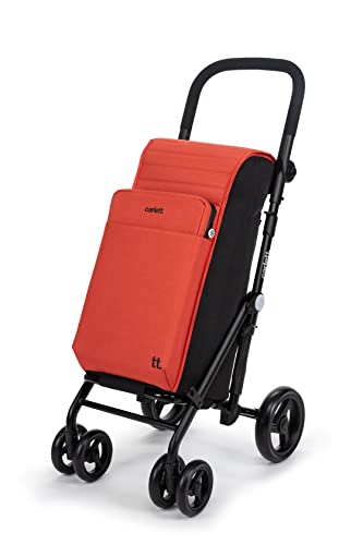 Carlett-Chariot de courses, chariot de supermarché pliable avec 4 roues, résistant à la pluie et une grande capacité de 25 kg, sac principal 50L, sac thermique 10L, et poche à l'arrière-Couleur Orange