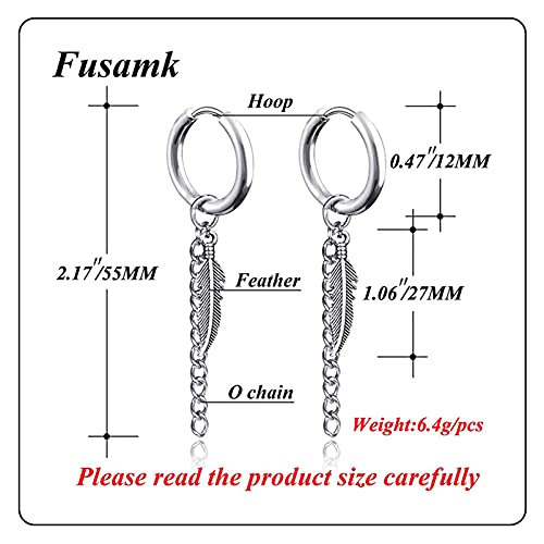 Punk Rock Stainless Steel Long Chain Earrings Feather Huggie Hinged Hoop Earrings,2PCS2