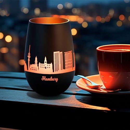 GRAVURZEILE Deko Windlicht aus Glas mit Gravur - Skyline Hamburg - Hochwertige 360° Lasergravur - Dekoratives Geschenk als Andenken, Souvenir oder für Sammler zum Geburtstag - Farbe: Schwarz/Bronze