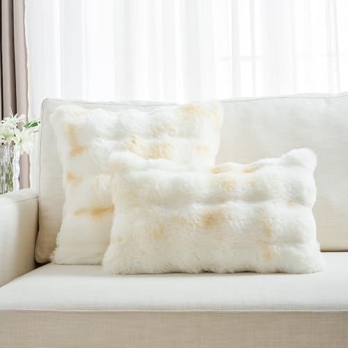 FUTEI Yellow White Decorative Throw Pillow Covers 22x22 Inch Set of 2,Soft Fuzzy Faux Rabbit Fur Cushion Covers with Raised Texture,Neutral Boho Home Decor for Couch Bed Living Room