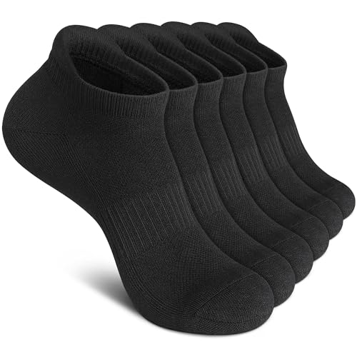 Felicigeely Ankle Athletic Running Socks Low Cut Sports Socks Breathable Cushioned Tab Socks for Men Women 6 Pairs (US, Numeric, 9, 12, Regular, Regular, Pure Black)