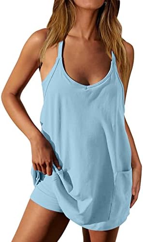 Womens Tennis Dress, Workout Dress with Built in Shorts Adjustable Straps Workout Dress with Pockets Spaghetti Straps Golf Dresses Summer Sleeveless Athletic Dress 2-in-1 Exercise Dress