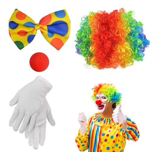 GUOYOU 4 peças acessórios de palhaço, conjunto de disfarce de palhaço, peruca cabelo encaracolado de arco-íris palhaço nariz de palhaço borboleta brancas luvas para cosplay festa carnaval mascarada