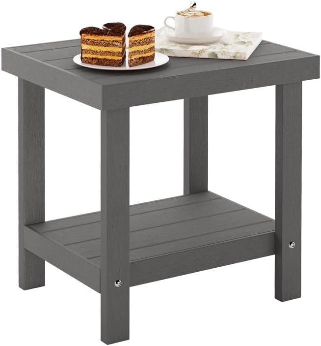 16 Inch Outdoor End Table, 2 Tier HDPS Patio Side Table, Grey