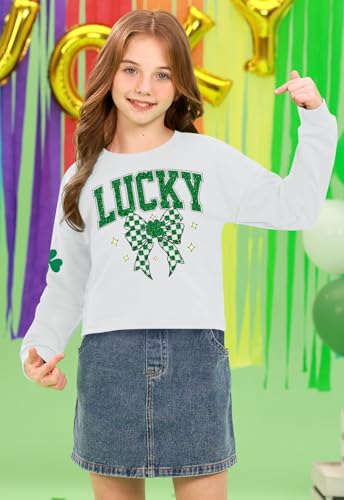 Image of Tween Girl St. Patrick's Irish Lucky Four Leaf Clover Bow Crop Top Green White Long Sleeve Shirt 12 Years