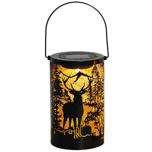 Lanternes solaires d'extérieur étanches en métal sculpté avec cerf et arbres, décorations d'Halloween à DEL à suspendre pour terrasse, table, allée, lanterne de cour