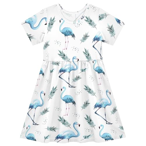 Reiacy Vestido de verano con estampado de flamenco azul, vestido de manga corta para niñas, vestido casual de playa para 2-8 años, Patrón de flamenco azul, 5-6 años