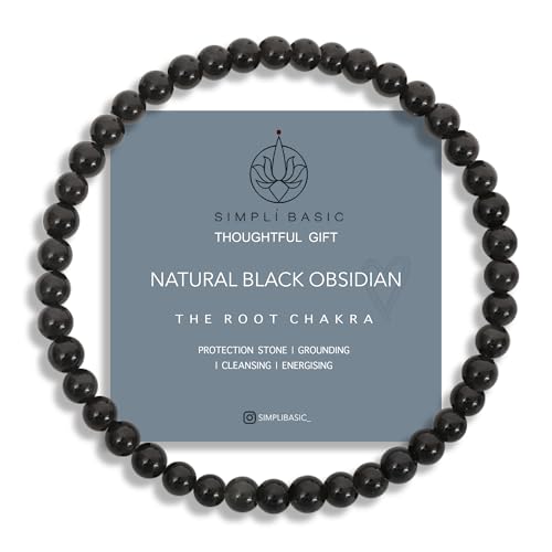 SIMPLÍ BASIC Natural Healing Gemstone Bracelet 4mm Beads, Womens & Mens, Inc Gift Box, 16.5cm - 18.5cm, Stone, Natural Snowflake Obsidian