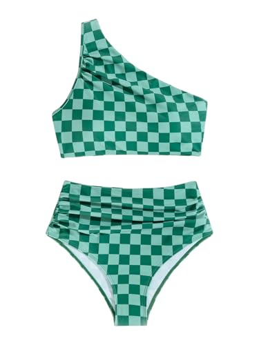 SOLY HUX Women's Plaid Bathing Suit Checkered Print One Shoulder Ruched High Waisted Bikini Set Two Piece Swimsuit