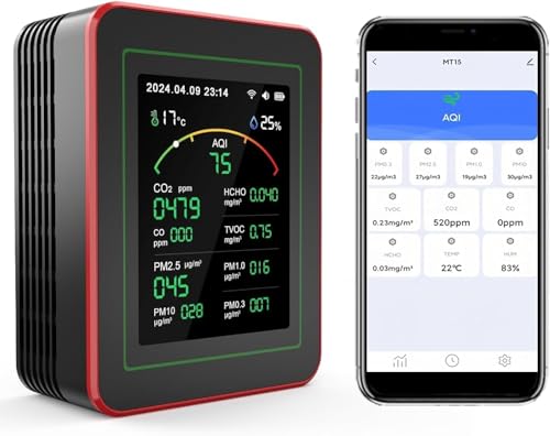 Professioneller 15-in-1 Luftqualitätsmessgerät mit App – CO₂-Messgerät/CO₂-Sensor, Feinstaubmessgerät PM2.5/PM10, VOC-Messgerät, Luftqualitätsmonitor mit Dual-Chip & Echtzeit-AQI-Warnungen