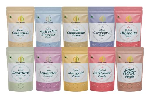Image of A D Food & Herbs Combo of Dried Jasmine, Safflower, Lavender, Butterfly Pea, Marigold, Rose, Hibiscus, Blue Cornflower, Chamomile, Calendula Flowers Each of (20 GMS)