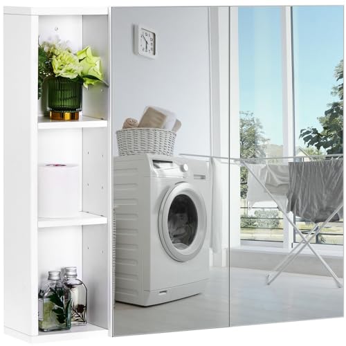 Yaheetech Specchio Contenitore Bagno con 2 Porte 3 Scomparti Laterali Ripiano Regolabile Salvaspazio Bianco 70 x 65 x 15 cm Armadietto Bagno Mobiletto Specchiera da Parete per Soggiorno Cucina
