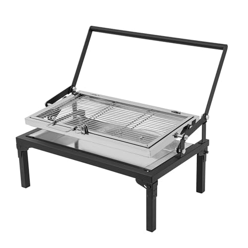 Barbacoa de carbón plegable de tamaño mediano con rejilla giratoria de 360°, de acero inoxidable, para exterior, jardín, camping y pícnic, 68 x 38 cm, 4 – 5 personas