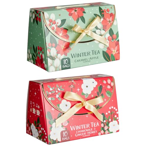 Winter Tea Gift Set – Caramel Apple & Chamomile Ginger Honey – 20 Herbal Tea Bags, Christmas Tea, Spiced Apple, Fruit Tea Selection, Stocking Filler, Chai Spice Mix