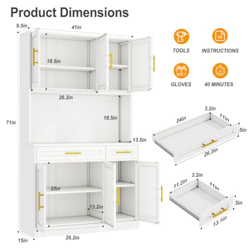 Image of 71 Sideboard Buffet Cabinet, Metal Kitchen Coffee Bar Cabinet White | Pantry Sideboard Storage, Coffee Bar Table Console with Cable Hole, Drawers, Adjustable Shelves for Kitchen, Living Room