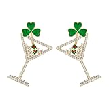 JUJUFREE Pendientes de trébol con diamantes y diseños de copas de vino para celebración festiva de la suerte, arte geométrico