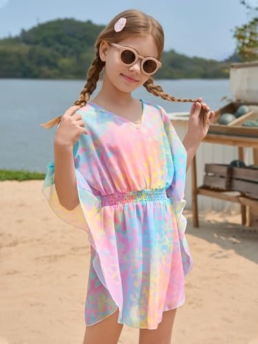 Image of Haloumoning Girls Chiffon Swim Beach Cover Up Kids Cute Elastic Waist Printed Bathing Suit Coverups 5-14 Years