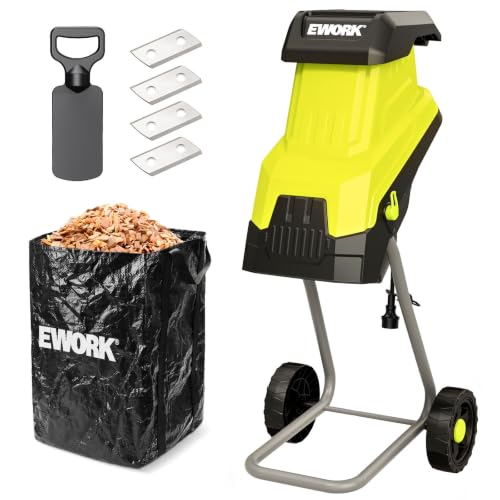 EWORK Trituratore elettrico per legno da 15 Amp, rapporto di riduzione 15:1, con 4 lame in acciaio incluse, capacità 4 cm, trituratore da giardino per compostaggio rami e ramoscelli