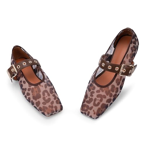 Women's Leopard Mesh Mary Jane Flats Buckle Strap Closed Square Toe Ballet Flats3