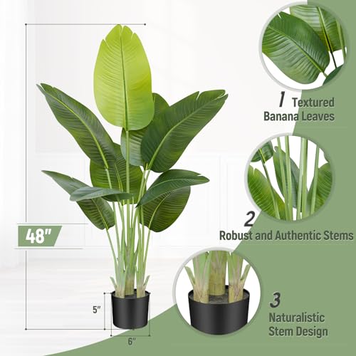 Keeplush Lifelike Bird of Paradise Artificial Plant 4ft Faux Banana Leaf Tree with 9 Trunks for Home Decor - Perfect Indoor Silk Floor Plant for Living Room, Office, and Bedroom Ambiance Enhancement