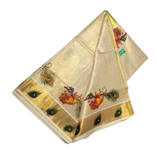 Image of Women's Kerala Kasavu Golden Gold Tissue Saree with Running Blouse Piece | Kerala Onam Saree with Tissue Mural Painted (Saree 5.5 meter, Blouse Piece 0.8 meter)