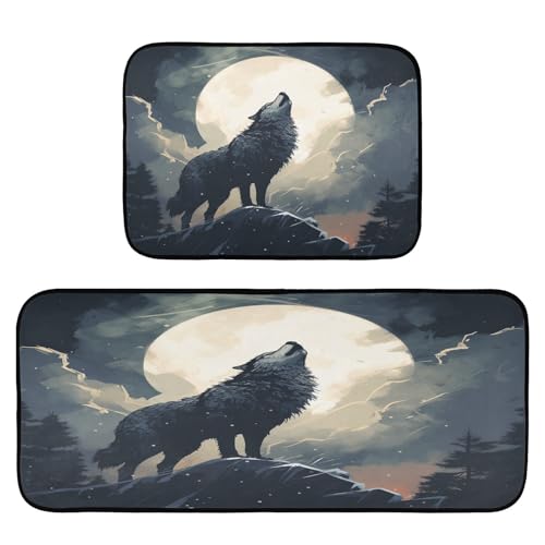 ALAZA Wolf Landscape Night Sky Kitchen Rug Set, 2 Piece Set, Non-Slip Floor Mat for Living Room Bedroom Dorm Home Decor, 19.7 x 27.6 Inch + 19.7 x 47.2 Inch