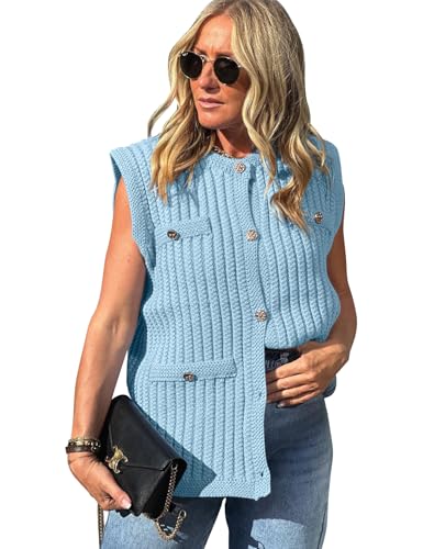 PEHMEA Women's Crochet Chunky Knit Top Sleeveless Button Down Tops Trendy Cardigan Sweater Vest for Women2