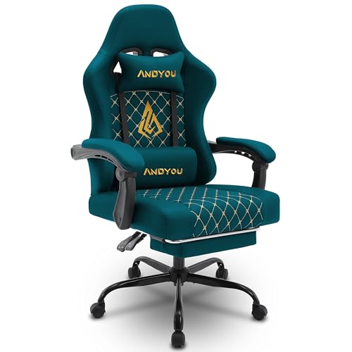 Andyou Gaming Stuhl mit Fußstütze – Ergonomischer Gaming Sessel aus Wildlederimitat, Gamingstuhl Erwachsene, Höhenverstellbarer Bürostuhl, Gaming Chair