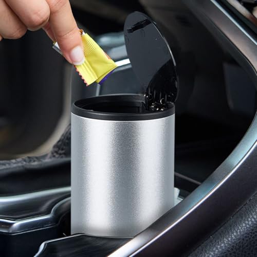 Image of HZEL Car Trash Can with Lid, Multipurpose Leakproof Vehicle Garbage Can for Seat Cup Holder, Small Auto Interior Rubbish Bin for Office Desk Home, Universal for SUVs, RVs, Trucks (Silver)