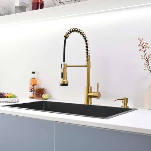 Image of GIMILI Gold Kitchen Faucet with Soap Dispenser Single Hole Pull Down Sprayer LED Faucet, Suitable for Farmhouses, RV, Laundry Room, Outdoor, and Campers. Llave para fregadero de cocina