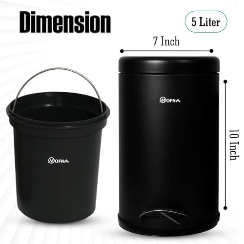 Image of mofna Stainless Steel Plain Dustbin with Pedal, Trash Can, Wastebasket, Garbage Bin for Home, Office, Bathroom, Bedroom, Toilet, Outdoor, Indoor and Kitchen, (7x10 In -5 Liter, Black), Pack of 1