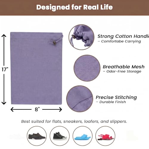 Image of LFH Cotton Rich Shoe Storage Bags with Drawstring, Dustproof Breathable Reusable Organizer, Perfect For Travel, Dorm, Hotel, College, Gym, Easy to Carry, Machine Washable 8 inchx17 inch (Pack of 2) - Lavender