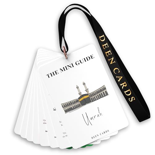 Umrah Dua Cards – 32-Page Umrah Guide Book – Umrah Cards with Lanyard – Includes Duas and Supplications – Pocket-Size Umrah Guide Cards – Durable 400gsm Cards