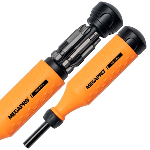 MEGAPRO 8-in-1 Multi-Bit Screwdriver | Kitchen Drawer Tool | Furniture Assembly | Household Repairs | Multi-Bit Screwdriver with Hex Shaft | Phillips Flat Square Torx (Neon Orange/Black)