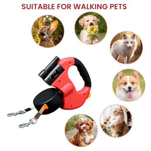 Doppelte Einziehbare Hundeleine, 3 M Hundeleine Doppelleine, Automatische Hund Versenkbar Leine, Rollleine Hundeleine mit LED Licht, Doppelköpfe Hundeleine für Katzen Kleine Hunde (Rot)