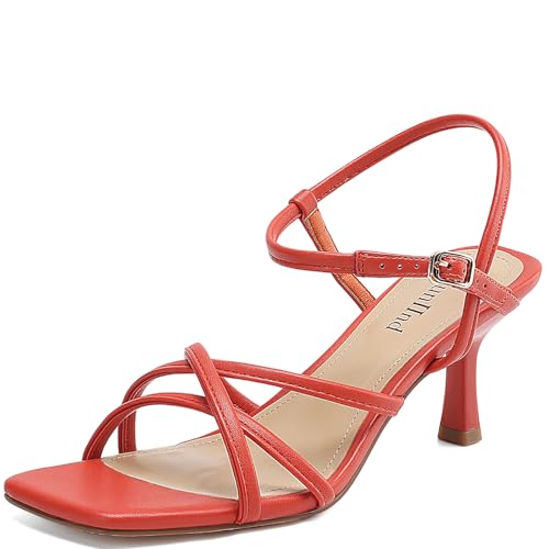 Image of AIUNIIND Kitten Heels for Women, Strappy Square Open Toe Sandals 2.5 inch