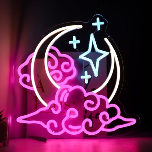 Image of Moon and Stars Neon Sign | Pink White Blue LED Wall Light, Dreamy Aesthetic Night Light for Girls Bedroom, Dorm, Nursery Decor, 13.4 inchx13.4 inch, USB Powered