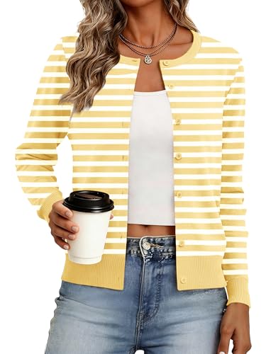 Bellcoco Cardigan Sweaters for Women Lightweight Crew Neck Button Down