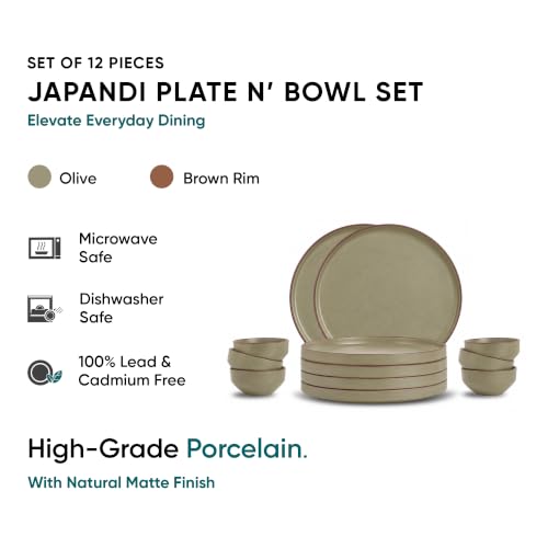 Image of Shay Ceramic Modern Dinner Set, 12 Pcs, Olive Green | Crockery Set | Ceramic Dinner Set | Matte Finish (Japandi Dinner Set - Olive Green, 12 Piece)