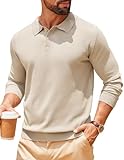 COOFANDY Men Long Sleeve Polo Sweater Knitted Polo Slim Fit Waffle Collared Pullover Sweater Champagne