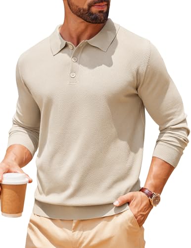 COOFANDY Men Long Sleeve Polo Sweater Knitted Polo Slim Fit Waffle Collared Pullover Sweater Champagne